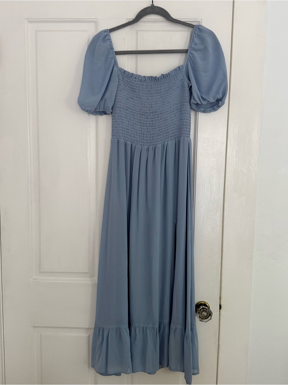 Reformation Meadow Blue Smocked Midi Dress with Puff Sleeves
